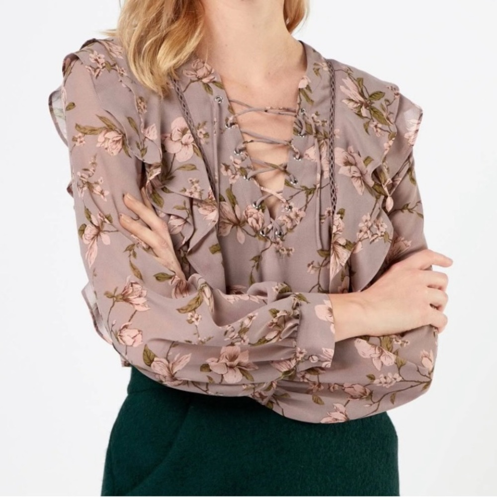 Bardot Lace Up Long Sleeve Ruffle Floral Blouse /Top